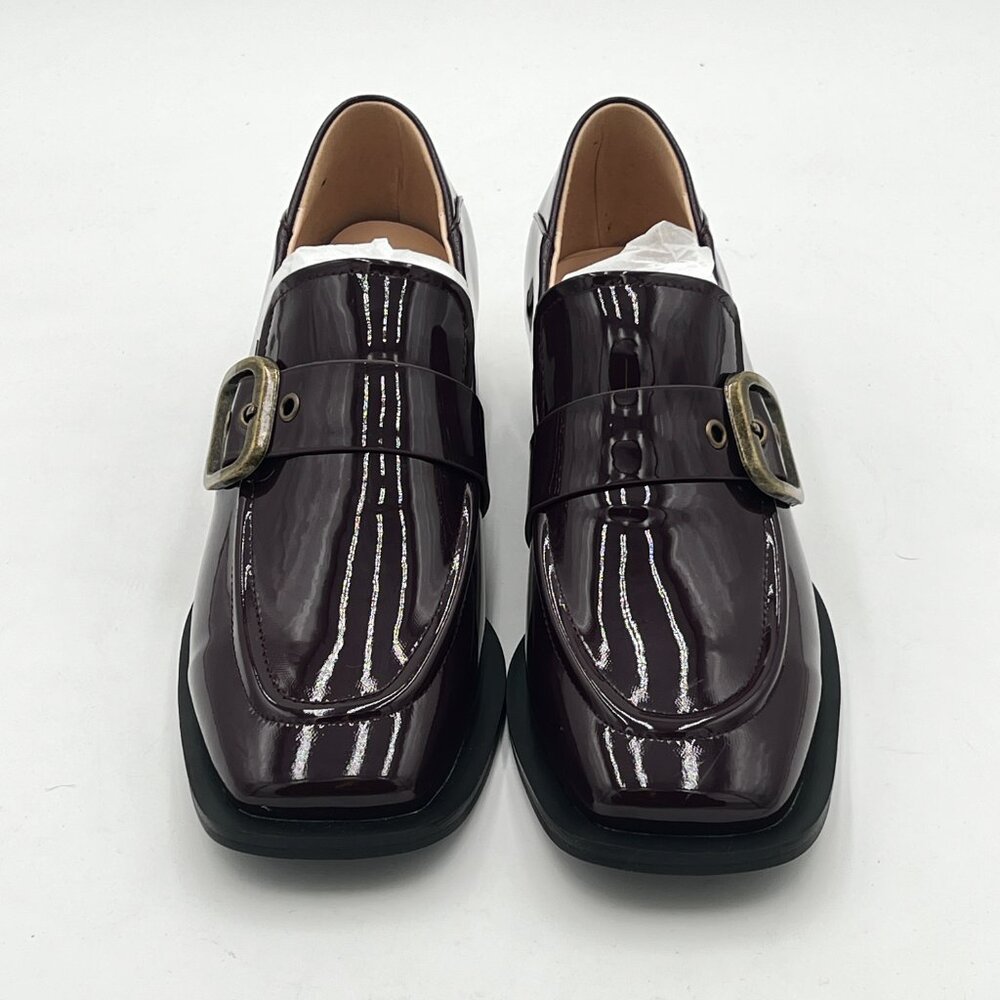 Brown Women Low Platfrom Square Toe Penny Chunky Low Heel Buckle Strap Loafers - Picture 3 of 5